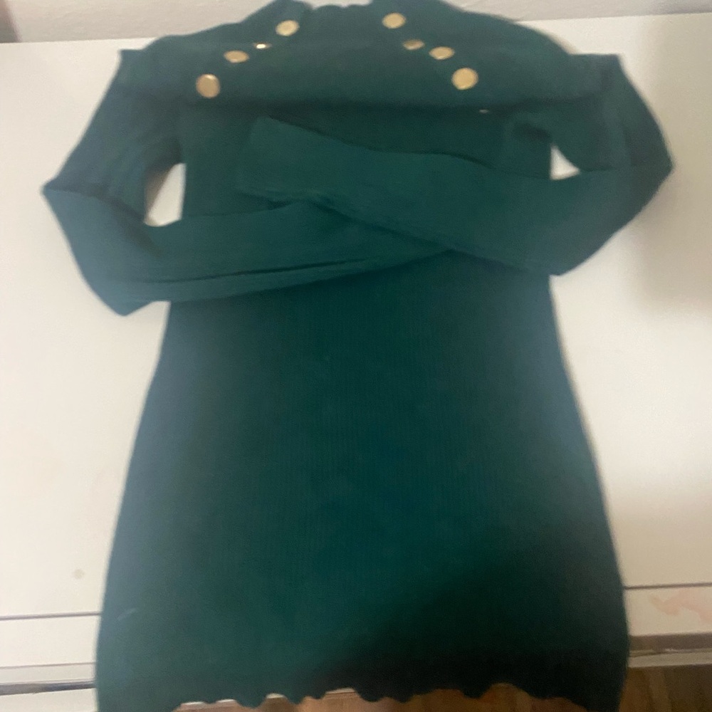 Green Sweater Dress with Gold Buttons